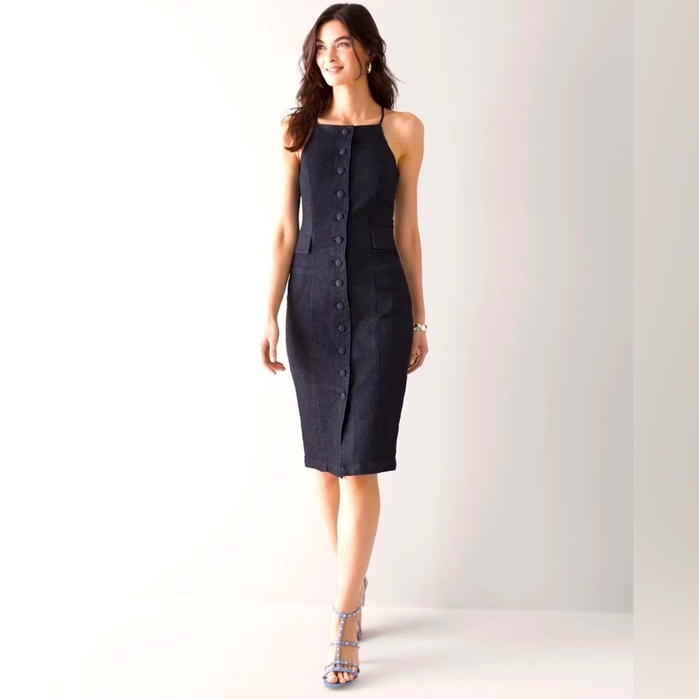White House Black Market Y2K 90’s Womens High Neck Halter Denim Dress Sz 2 Retro